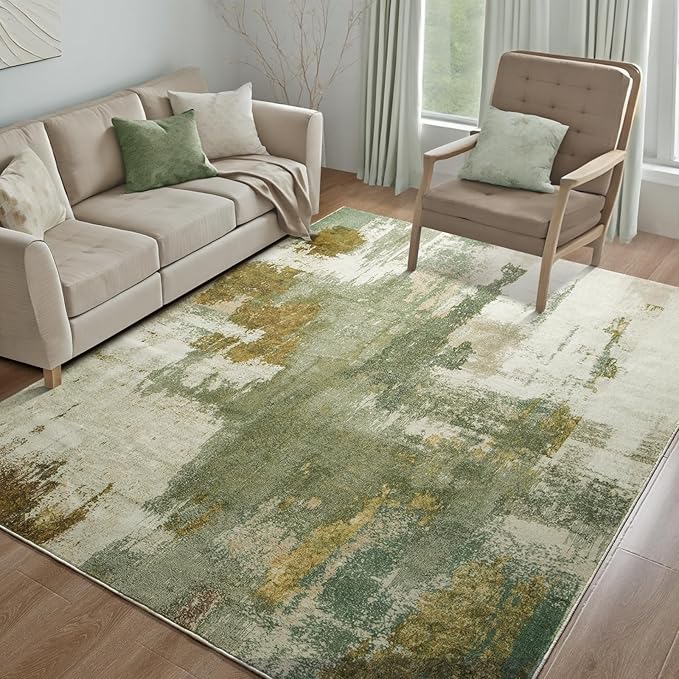 Kelarea Living Room Rug, 4x6 Rug Modern Abstract Washable Rugs Green Faux Wool Vintage Carpets, Non Slip Rugs for Bedroom, Dining Room, College Dorm, Kids Playroom, Home Office-BubblyBeeBaby