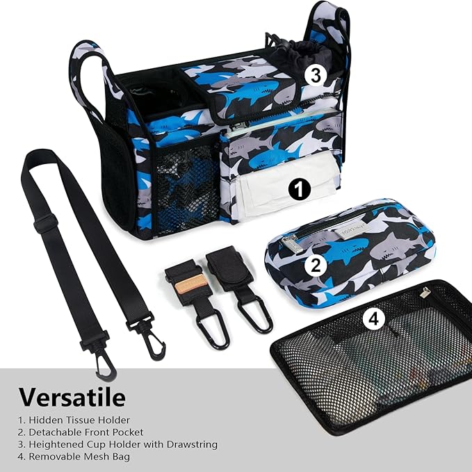 TOPDesign Universal Baby Stroller Organizer, Stroller Caddy with Detachable Mesh Bag & Heightened Insulated Cup Holders & Non-Slip Secure Hooks Accessories, Fits Most Strollers (Sharks)-BubblyBeeBaby