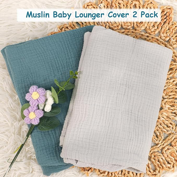 Hooyax Baby Lounger Cover 2 Pack - 100% Muslin Cotton Newborn Lounger Pillow Covers Only, Soft Breathable Infant Lounger Cover with Reinforced Stitching, Fits Most Standard Baby Loungers (Blue Grey)-BubblyBeeBaby