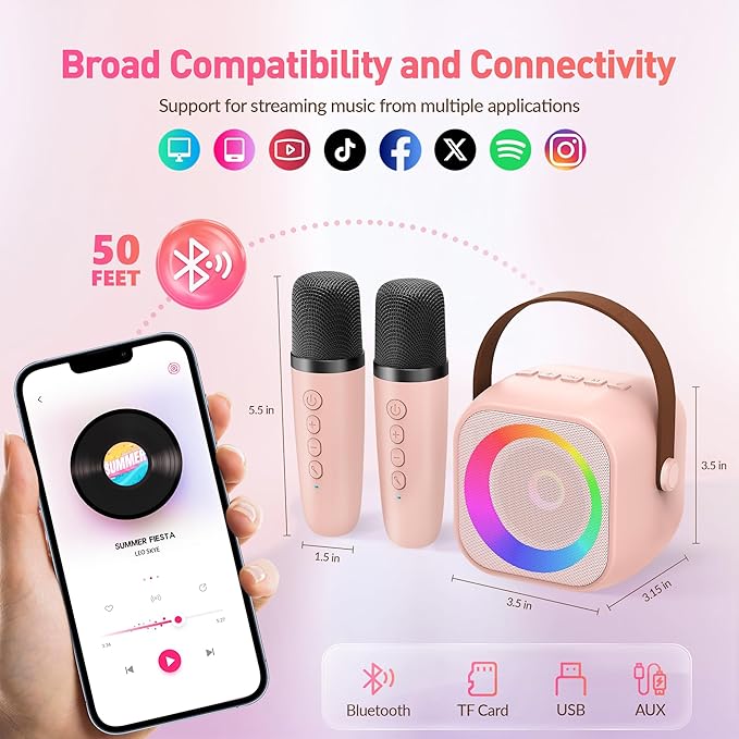 Karaoke Machine for Kids Adults, Mini Portable Bluetooth Karaoke Speaker with 2 Wireless Microphone and Lights, Christmas Birthday Gifts for Girls Ages 4, 5, 6, 7, 8, 9, 10, 12+ Family Home Party-BubblyBeeBaby