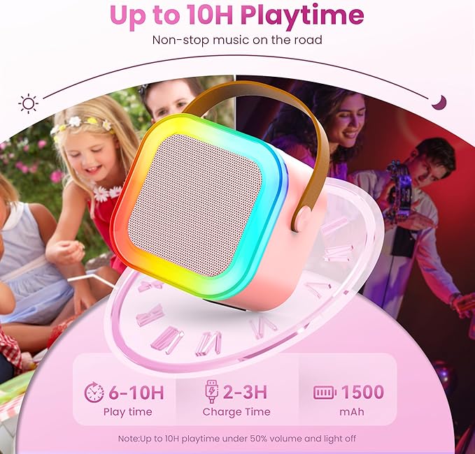 Karaoke Machine for Kids Adults, Portable Bluetooth Mini Karaoke Microphone Singing Speaker with 2 Mic and Light,Toys for All Smartphones,Birthday, Family,Home Party (Pink)-BubblyBeeBaby