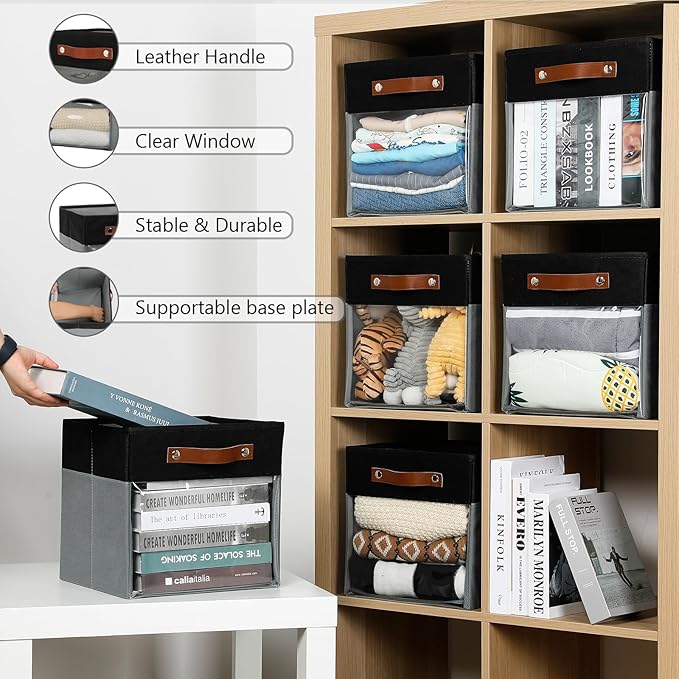 HNZIGE Cube Storage Bins 11 x 11, Fabric Cubes Storage Bins 11x11 Clear Storage Organizer,Canvas Storage Bin for Cube Storage, Cubby Collapsible Organizer Bin for Organizing Home(Gray Black 6PCS)-BubblyBeeBaby