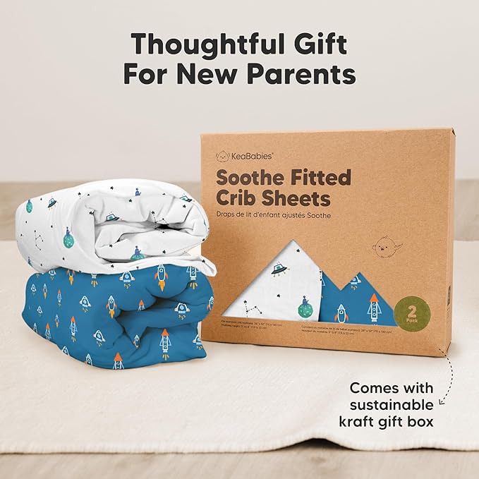 KeaBabies 2-Pack Organic Crib Sheets for Boys, Girls - 52x28 Fitted Crib Mattress Sheet Neutral, Breathable Jersey Cotton Cover for Baby Bed, Toddler Mattress, Soft & Cute Prints (Space Quest)-BubblyBeeBaby