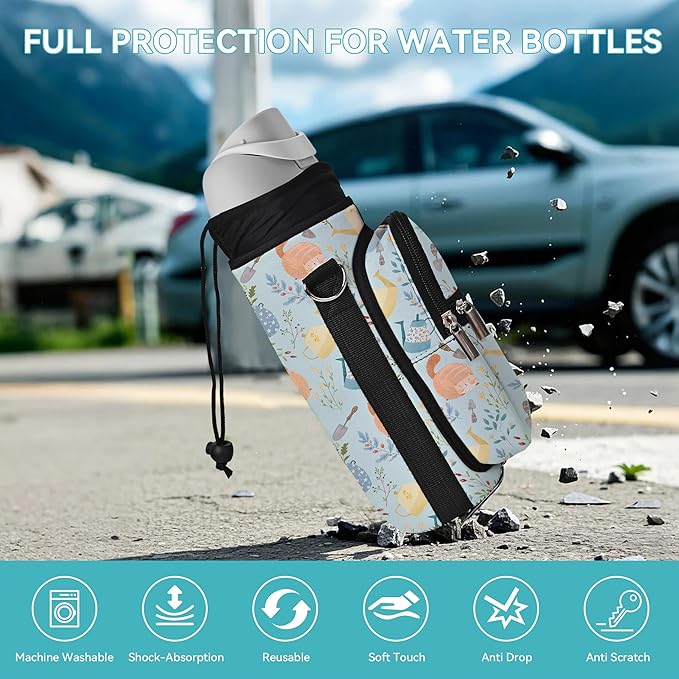 25/32/40/64oz Water Bottle Bag Holder Carrier-Insulated Crossbody Sling Case Sleeve with Strap & Pockets for Men Women Gym Cycling Travel Walking Hiking Camping-BubblyBeeBaby