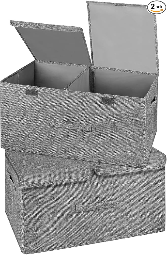 2 Pack Large Storage Boxes with Lids and Handles, Collapsible Linen Storage Bins Organizer Containers Baskets Cube with Removable Divider for Home Bedroom Closet Office (Grey, Large)-BubblyBeeBaby