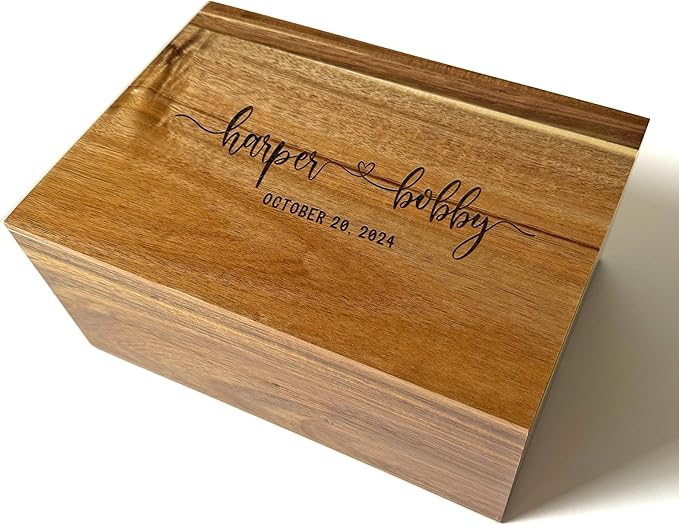 Keepsake Box for Couple - Engraved Memento Box w/ Couples Names, Anniversary Wedding Gift for Couple, Acacia Wood Love Chest, Time Capsule, Custom Heirloom Storage, Hidden Message, 11 x 8 x 4.75 in-BubblyBeeBaby