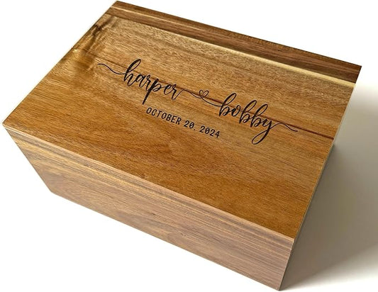 Keepsake Box for Couple - Engraved Memento Box w/ Couples Names, Anniversary Wedding Gift for Couple, Acacia Wood Love Chest, Time Capsule, Custom Heirloom Storage, Hidden Message, 11 x 8 x 4.75 in-BubblyBeeBaby