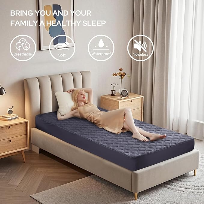 2 Pack Waterproof Mattress Protector, Twin XL Size Mattress Pad with Deep Pocket 6"-15" Depth, Soft Breathable Dirt-Proof Single Bed Mattress Cover for Bedroom, Dorm Room (Navy Blue)-BubblyBeeBaby