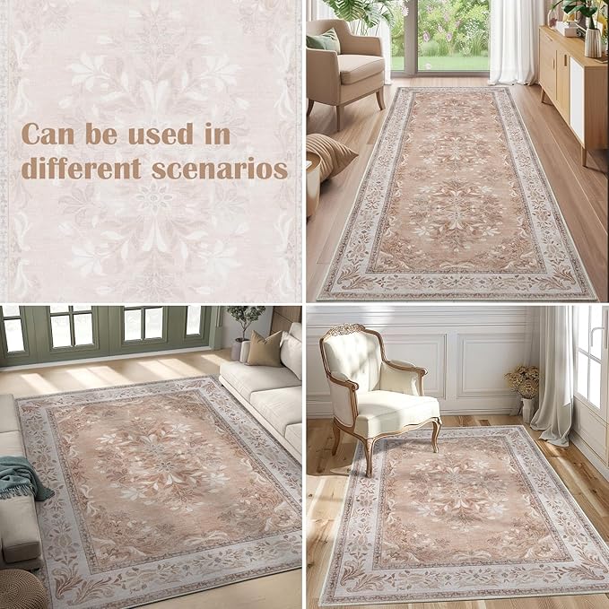 jinchan Vintage Floral Runner Rug 2x5 - Machine Washable Distressed Design Non-Slip Low-Pile Soft Thin Carpet for Hallway Kitchen Farmhouse Bedroom Entryway Laundry Room (2x5ft,Coral Pink)-BubblyBeeBaby