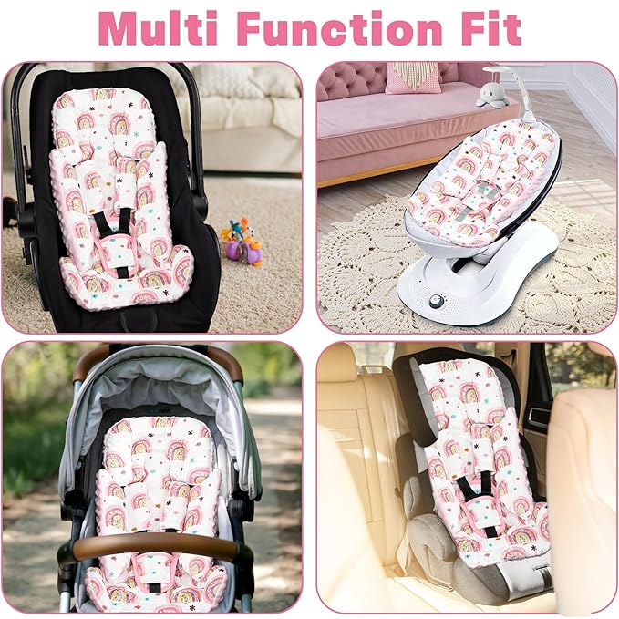 Infant Car Seat Insert with 3 Strap Covers, 3 in 1 Reversible Rainbow Baby Car Seat Head Support for Newborn, Baby Girl Newborn Essentials for Preemie to Infant, Stroller, Swing, Bouncer (Pink)-BubblyBeeBaby