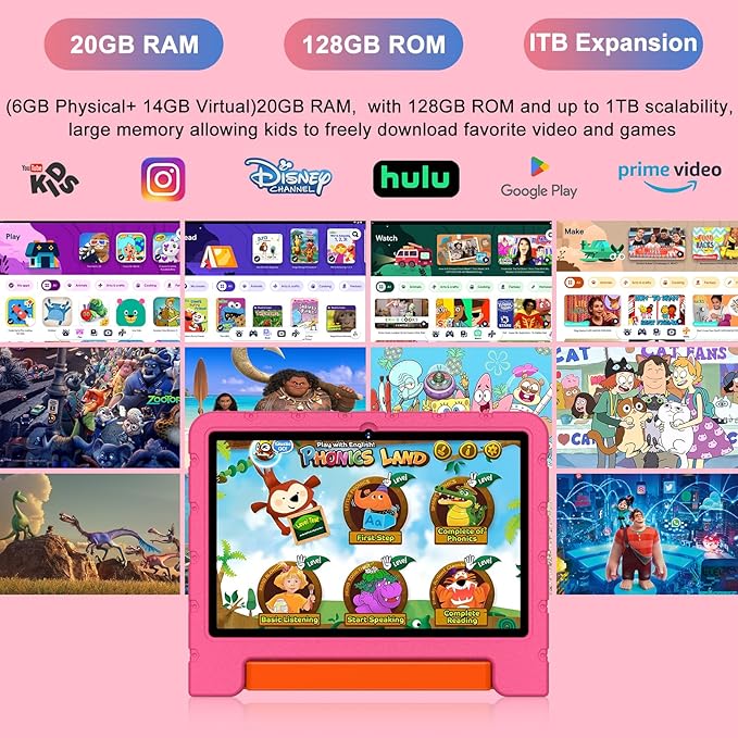 2025 Kids Tablet 10 inch Android 14 Tablets for Kid Octa-Core, 20GB+128GB (TF 1TB), Toddler Tablet with Shockproof Case, 2.4G+5G WiFi 6, Parental Control, Face Unlocked, Split Screen, BT5.0 (Rose Red)-BubblyBeeBaby