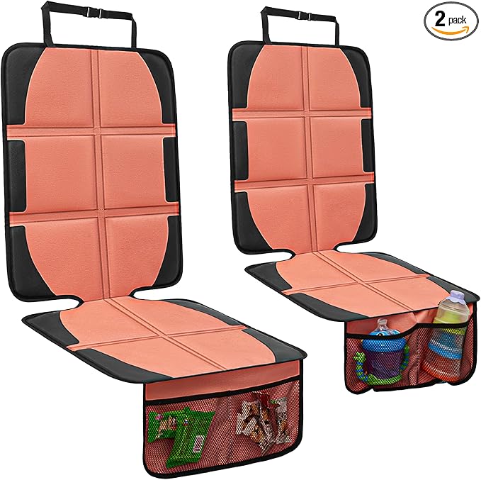 Car Seat Protector for Child, 2 Pack Covers with Mesh Pockets & Non-Slip Backing, 600D Durable Under Seat for Back (Orange, Large)-BubblyBeeBaby