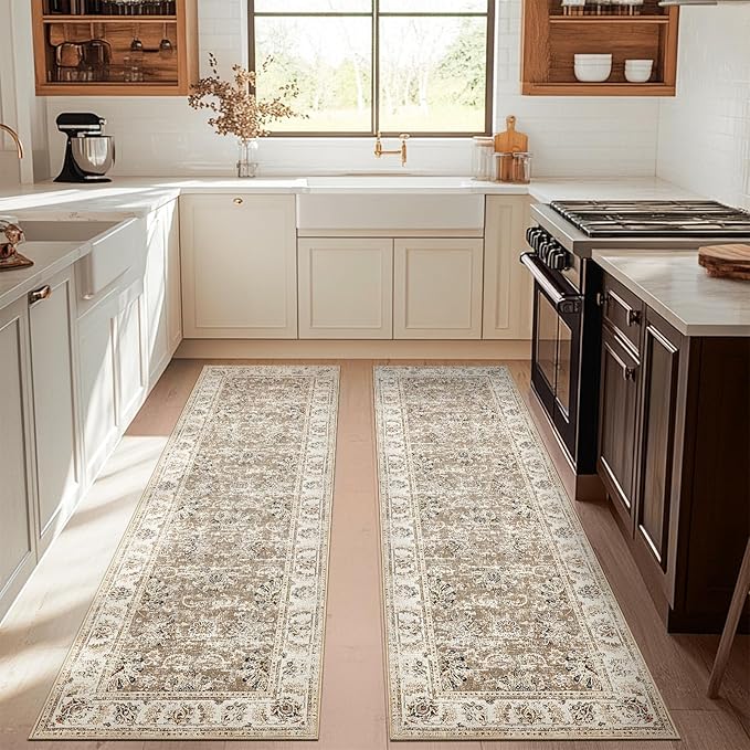 jinchan Runner Rug 3x10-2pcs Kitchen Washable Vintage Hallway Rug Floral Print Floor Cover Indoor Thin Retro Mat Accent for Bathroom Laundry Room Bedroom Office Farmhouse (Double,Taupe)-BubblyBeeBaby