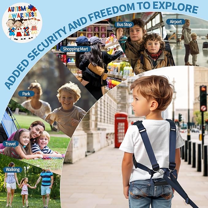 JXM Safety Harness for Active Childs with Quick Grab Handle, Teens Youth Secure Walking Harness with Autism Awareness and Pouch, Adjustable Tether Leash for Autism ADHD Special Needs Child Kids-BubblyBeeBaby