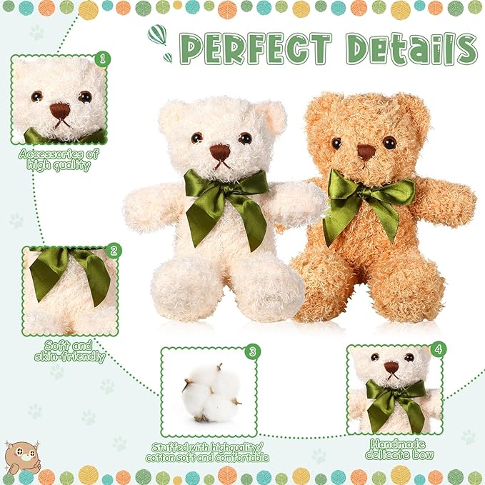HyDren 12 Pack Bear Stuffed Animals 10 Inch Operation Christmas Bulk Items Small Bear Party Favors Plush Toys for Baby Shower Centerpiece Christmas Birthday Gifts(White, Light Brown, Dark Brown)-BubblyBeeBaby