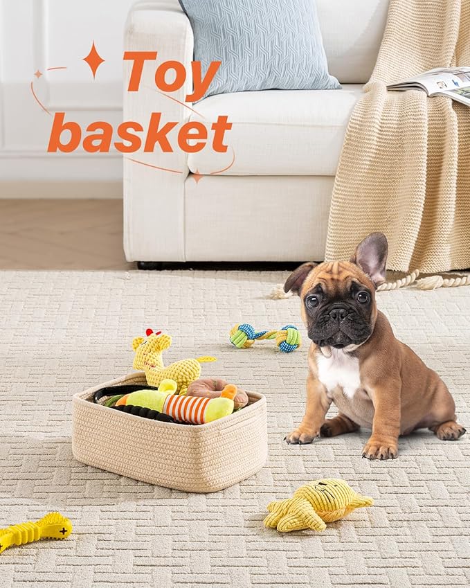 KALLAX Small Woven Basket, 12 x 8 x 4.5 Inches, Storage Basket for Organizing, Cute Small Rope Shelf Closet Cube Storage Bins Baskets for Shelves, Dog Toy Gift Baskets Empty, 3 Packs, Beige-BubblyBeeBaby