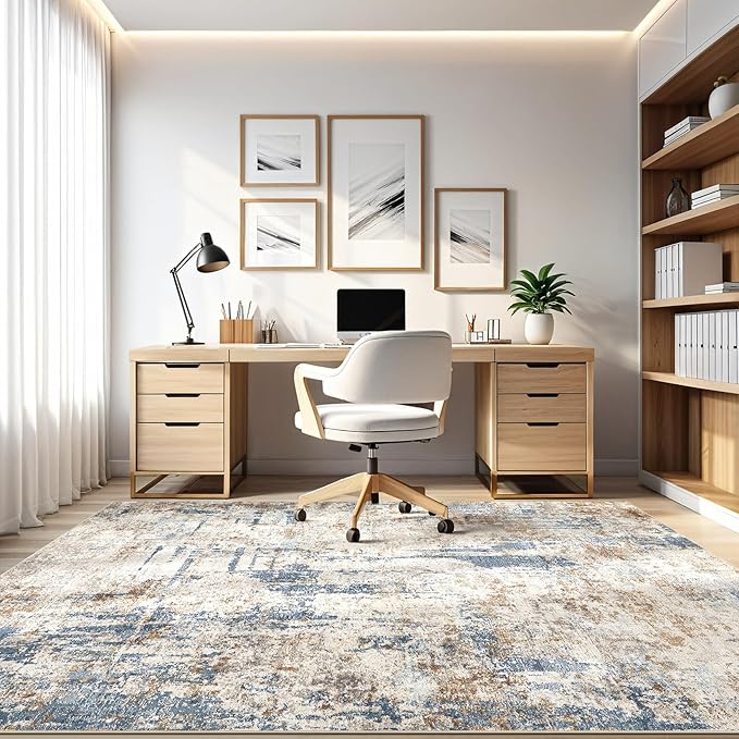 10x12 Area Rug Living Room: Washable Large Abstract Modern Soft Rugs Stain Resistant Indoor Floor Non Slip Accent Carpet for Bedroom Nursery Playroom Office Dining Room Dorm Home House- Tan Blue-BubblyBeeBaby