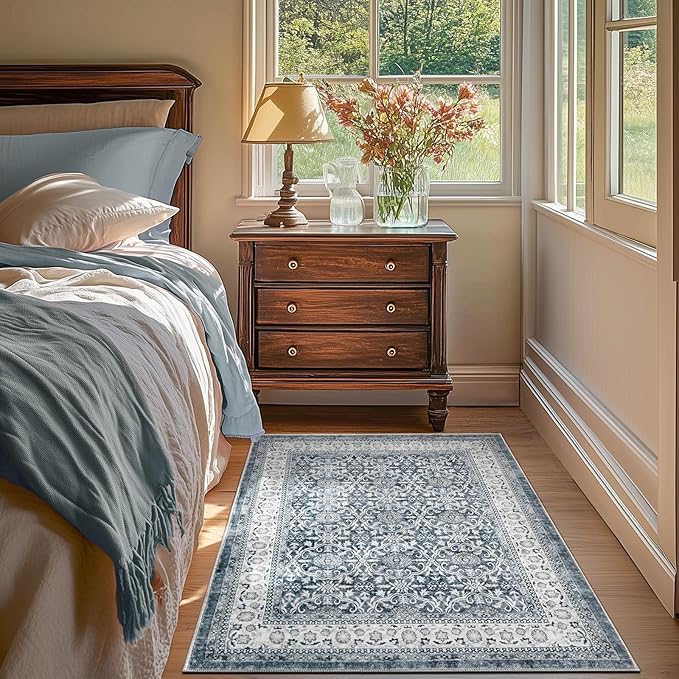 jinchan Floral 3x5 Area Rugs for Entryway - Taupe Vintage Distressed Design Doormat Non-Slip Ultra-Thin Low Pile Boho Rug for Kitchen Living Room Bedroom Farmhouse (3‘x5',Grey)-BubblyBeeBaby