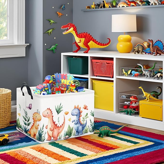 HIYAGON Rectangular Dinosaur Basket Kids Baby Storage Bin Toy Basket Organizer Box for Boys Dinosaur Room Decor(Colorful Dinosaur)-BubblyBeeBaby