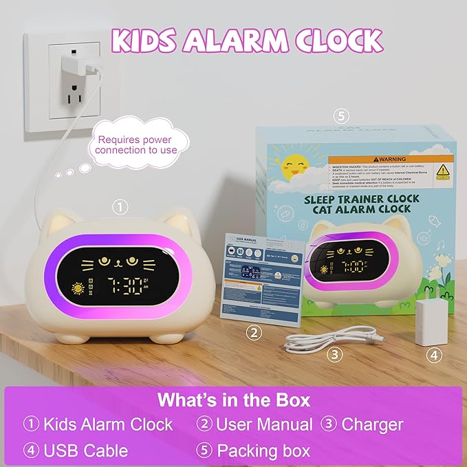 Honesorn Alarm Clock for Kids, Ok to Wake Clock for Kids, Cute Cat Kids Alarm Clock for Girls Boys Toddler, Kids Clock with 10 Night Lights, 7 Soothing Sounds, Auto-Off Timer, Child Lock, Cream White-BubblyBeeBaby
