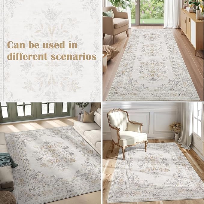 jinchan Vintage Floral Runner Rug 2x5 - Machine Washable Distressed Design Non-Slip Low-Pile Soft Thin Carpet for Hallway Kitchen Farmhouse Bedroom Entryway Laundry Room (2x5ft,Light Grey)-BubblyBeeBaby