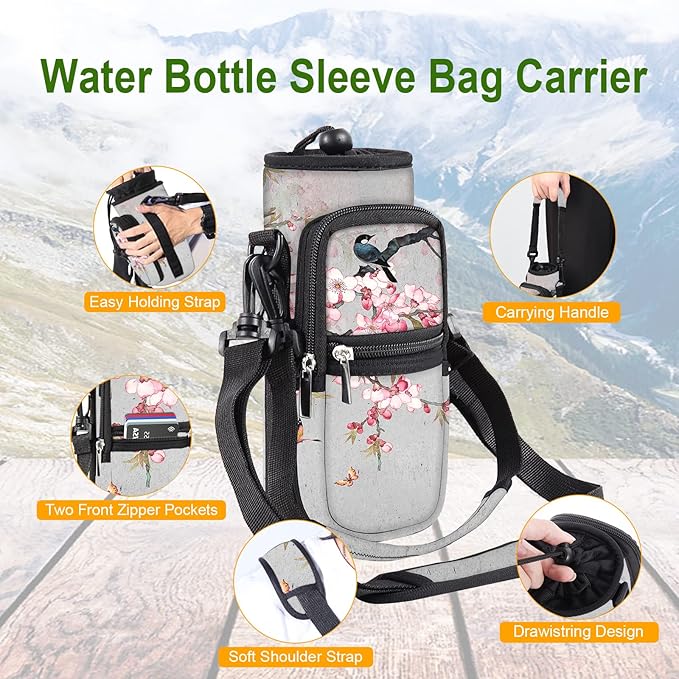 25/32/40/64oz Water Bottle Bag Holder Carrier-Insulated Crossbody Sling Case Sleeve with Strap & Pockets for Men Women Gym Cycling Travel Walking Hiking Camping-BubblyBeeBaby