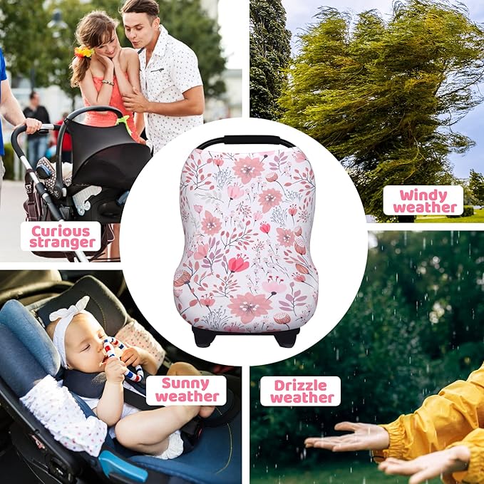Rquite All-in-1 Car Seat Cover Baby, Carseat Covers for Girl Boy, Stretchy Soft Infant Car Seat Cover, Multi-use Baby Carrier Cover, Car Seat Canopy, Stroller Sun Shade, Nursing Breastfeeding Cover-BubblyBeeBaby