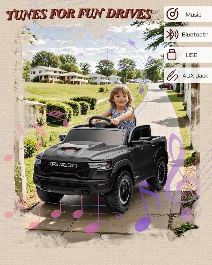12V Licensed Ram 1500 Ride on Toy for Kids, Toddler Ride on Pickup Truck with Parent Remote Control, Electric Car for Kids with Truck Bed Storage, 3 Point Safety Belt (Black)-BubblyBeeBaby