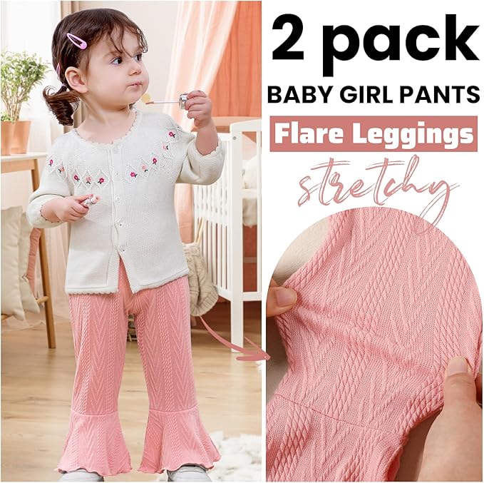 2 Pack Toddler Baby Girl Pants Flare Leggings Ribbed Knit Newborn Bell Bottoms Solid Ruffle Infant Pants for Girls-BubblyBeeBaby