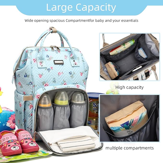 Diaper Bag Backpack for Women, Baby Bags for Girls,Diaper Bag with Changing Pad, and Insulated Pockets-Blue Flowers-BubblyBeeBaby