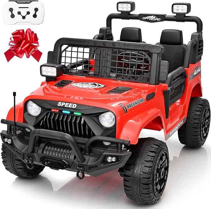 2 Seater Ride On Car Truck with Remote Control XL, Kids 24V Battery Powered Electric Vihicle w/21 in Seat, 3 Speeds, 2WD/4WD Switichable, Shock Absorbers,Bluetooth, Flower, Gift Choice-BubblyBeeBaby