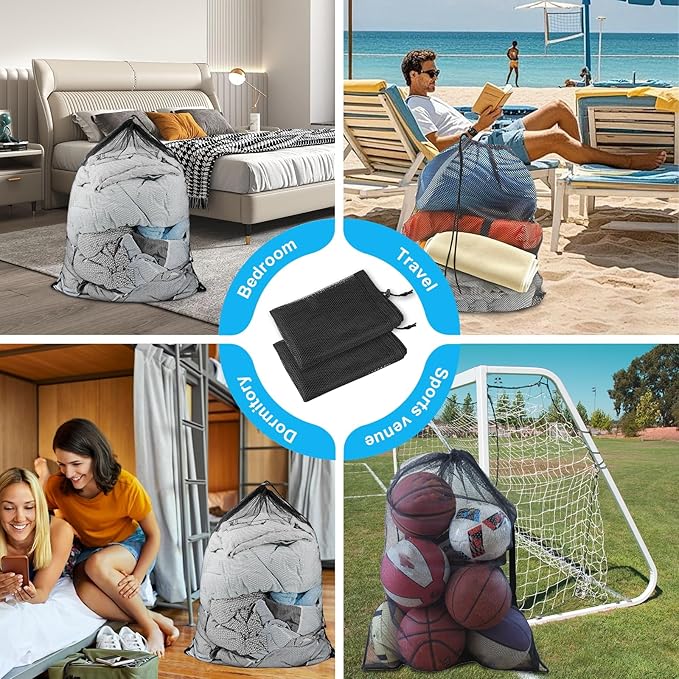 2 Pack Mesh Laundry Bags, Large Travel Laundry Washing Bags for Dirty Clothes Storage, 24" X 36" Washable Heavy Duty Laundry Net Bag With Drawstring for College Dorm, Hamper, Room, Laundromat (Black)-BubblyBeeBaby