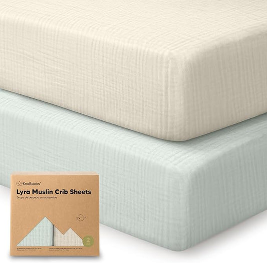 KeaBabies 2-Pack Muslin Crib Sheets for Boys, Girls - 100% Organic Cotton Fitted Baby Crib Mattress Sheet, Soft Breathable Standard Toddler Bed Cover Bedding Set, Neutral, Durable 52x28 (Willow)-BubblyBeeBaby