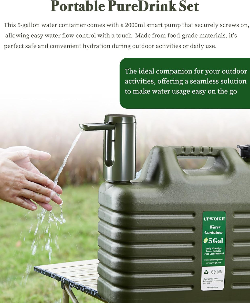 Portable 5 Gallon Water Jug with Automatic Touch Control Pump,Truly No Leakage Water Container with Spigot,Type-C Rechargeable Military Green Water Pump Gear for Outdoors Camping Hiking