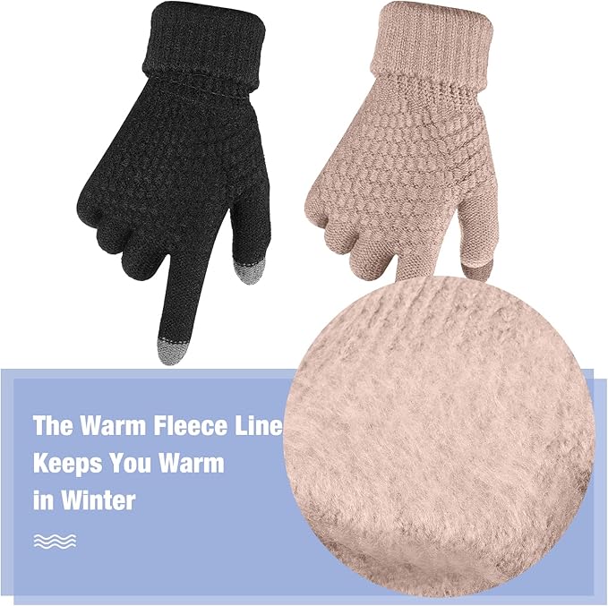 Geyoga 2 Pairs Women's Winter Touch Screen Gloves Soft Warm Fleece Lined Knit Elastic Cuff Winter Texting Gloves-BubblyBeeBaby