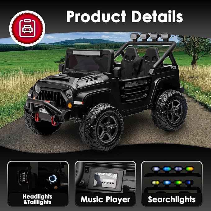 24V 2 Seater Ride On Truck with Remote Control 4WD Electric Car for Kids Ride On Car Battery Powered Ride On Toy Car with Music Player, LED Lights, Bluetooth, Rear Shock Absorber, Black-BubblyBeeBaby