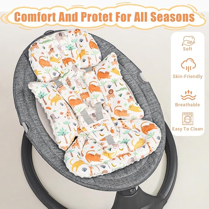 Infant Car Seat Insert, Soft Baby Car Seat Head & Body Support for Girl Boy, Reversible Newborn Preemie Carseat Insert Cushion with 3 Straps Pads Fits CarSeat, Stroller, Swing, Bouncer, Animals-BubblyBeeBaby
