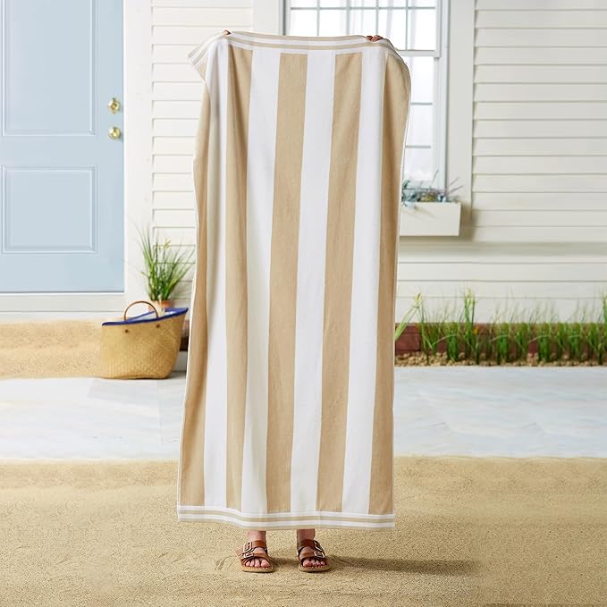 Great Bay Home 100% Cotton Velour 4 Pack Beach Towels 30" x 60" - Taupe Cabana Stripe Pool Towels - Quick Dry, Large Swim Towels-BubblyBeeBaby