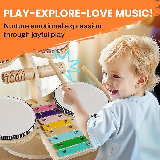 iPlay, iLearn Toddler Wooden Drum Set, Kids Musical Instruments Toy, 8 in 1 Percussion Drum Kit W/Xylophone Cymbal, Baby Montessori Learning Birthday Gifts for 18 Month, 2 3 4 5 6 Year Old Boy Girl-BubblyBeeBaby