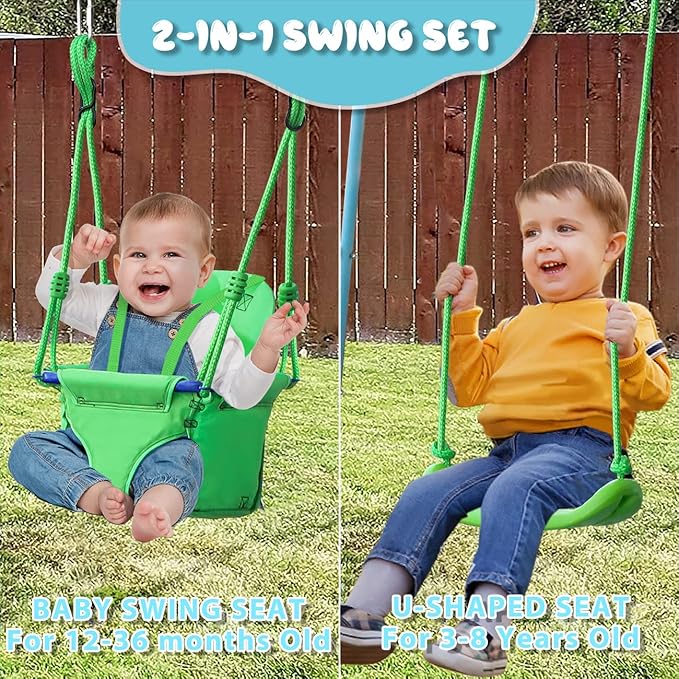 2-in-1 Toddler Swing Set with Metal Stand, Safety Belt & 4 Anchors - A-Frame Swing for Kids 6 Months+ (Blue, Indoor/Outdoor Backyard Playground)-BubblyBeeBaby
