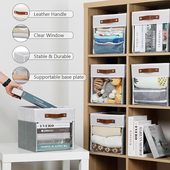 HNZIGE 11x11 Cube Storage Bins for Cube Organizer, Clear Fabric Storage Cubes for Storage Shelves, Collapsible Decorative Storage Bins for Clothes Closet Toys Cubby Storage Bin(White Gray 6 PCS-BubblyBeeBaby