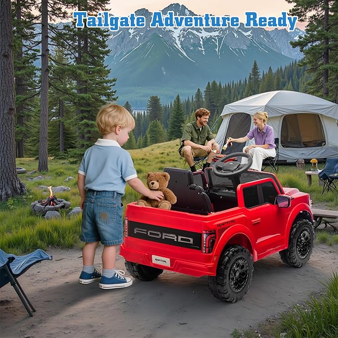 12V Ride on Car Licensed Ford F-150 Raptor, Kids Electric Car with Remote Control, LED Light/Music/MP3, Truck Bed Storage, 3-Point Seat Belt (12V, Red)-BubblyBeeBaby