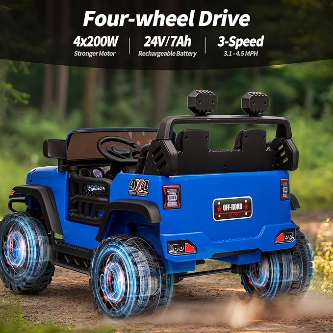 2 Seater Ride on Toy Car for Kids, 24V 4WD Ride-on Truck Kids Electric Car with Remote Control, 4x200W Motors - Blue-BubblyBeeBaby
