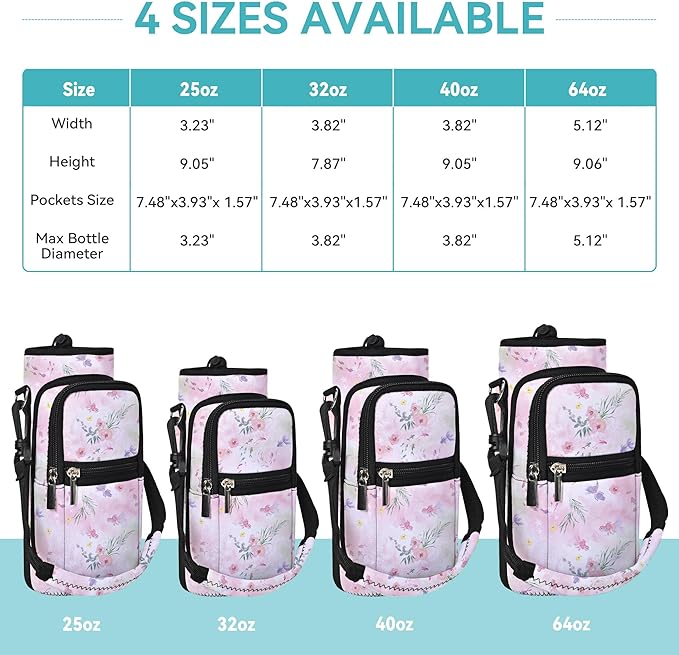 25/32/40/64oz Water Bottle Bag Holder Carrier-Insulated Crossbody Sling Case Sleeve with Strap & Pockets for Men Women Gym Cycling Travel Walking Hiking Camping-BubblyBeeBaby