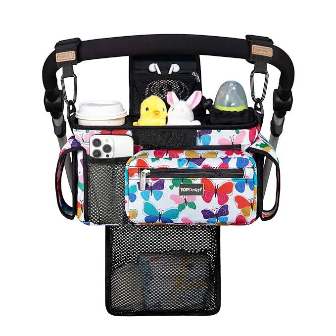 TOPDesign Universal Baby Stroller Organizer, Stroller Caddy with Detachable Mesh Bag & Heightened Insulated Cup Holders & Non-Slip Secure Hooks Accessories, Fits Most Strollers (Colorful Butterfly)-BubblyBeeBaby