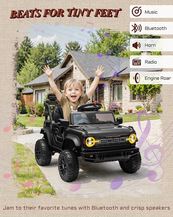 12V Ride on Toys for Kids, Licensed Ford Bronco Raptor Children Electric Vehicles, Toddler Battery Powered Car with Double Doors, 3 Point Safety Belt, Led Lights (12V, Black)-BubblyBeeBaby