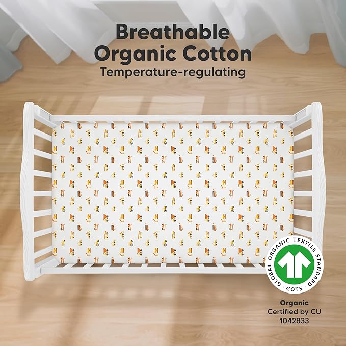 KeaBabies 2-Pack Organic Crib Sheets for Boys, Girls - 52x28 Fitted Crib Mattress Sheet Neutral, Breathable Jersey Cotton Cover for Baby Bed, Toddler Mattress, Soft & Cute Prints (Construction)-BubblyBeeBaby