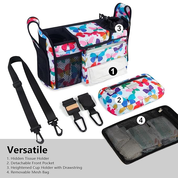 TOPDesign Universal Baby Stroller Organizer, Stroller Caddy with Detachable Mesh Bag & Heightened Insulated Cup Holders & Non-Slip Secure Hooks Accessories, Fits Most Strollers (Colorful Butterfly)-BubblyBeeBaby