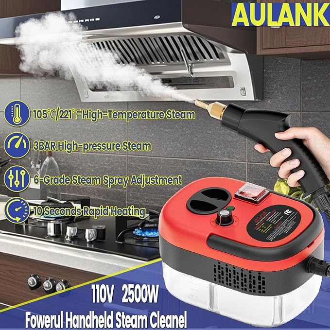 2500W Handheld Steam Cleaner,Portable Car Steamer For Auto Detailing,High-Temperature and Pressure Steam Cleaner For Home, Steam Cleaning Machine for Furniture,Kitchen,Grout,Floor,Tile (Red)-BubblyBeeBaby