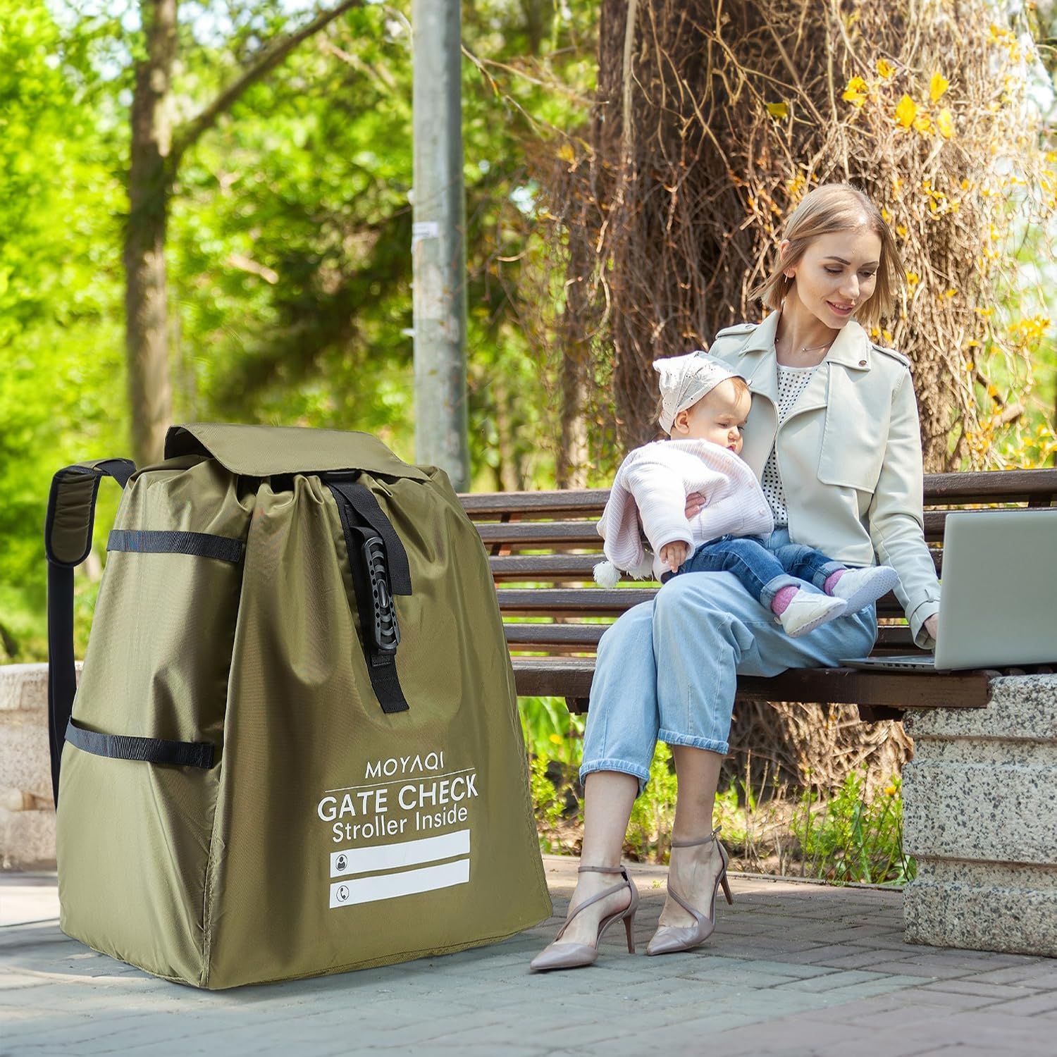 MOYAQI Stroller Travel Bag for Airplane, Gate Check Bag Backpack with Durable Nylon,Adjustable Carry Straps,Infant Carriers & Booster Seats (Olive Green)